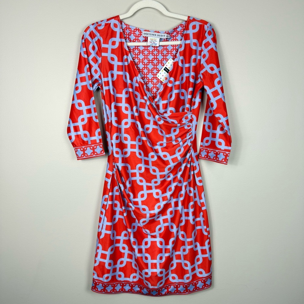 Gretchen Scott Designs Red and Light Blue Geometric Wrap-Style Dress